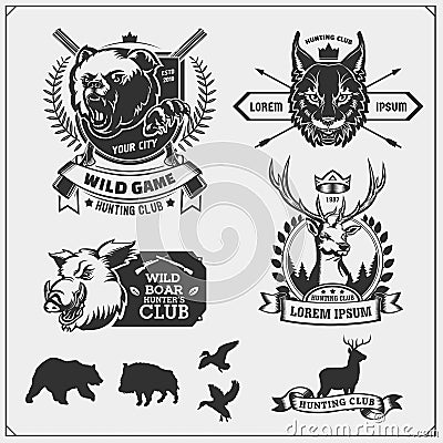 Set of hunting club emblems and design elements. Bobcat, bear, wild boar, ducks and deer. Vector Illustration