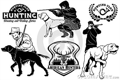 Set of Hunting Club labels. Pointer dog emblems, labels and design elements. Vector Illustration