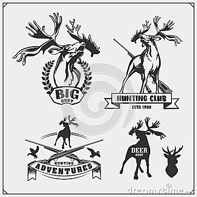 Set of hunting emblems, labels and design elements. Deers and ducks. Vector Illustration