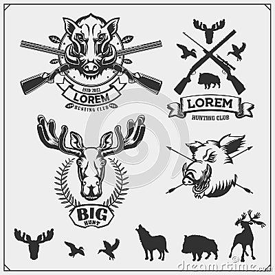 Set of hunting emblems, labels and design elements. Duck, moose, wild boar, wolf and deer. Vector Illustration