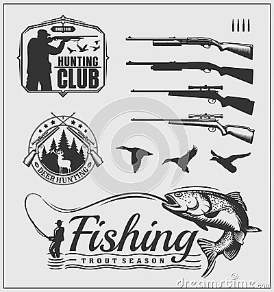 Set of hunting and fishing club badges, labels and design elements. Vector Illustration