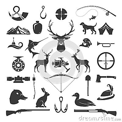 Set of Hunting and Fishing Objects Vector Design Vector Illustration