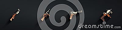 Set Hunting gun, Tommy, Mauser and MP9I submachine icon with long shadow. Vector Vector Illustration