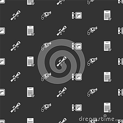 Set Hunting shop weapon, Firearms license certificate, Sniper optical sight and Small gun revolver on seamless pattern Vector Illustration