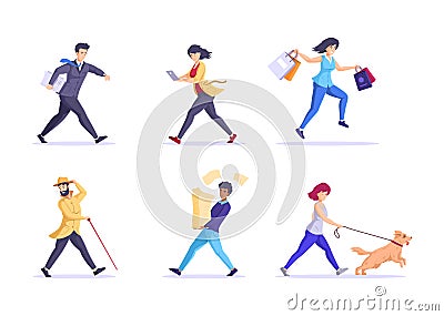 Set hurrying people. Diverse man and woman running in hurry or haste. Lateness or tardiness Vector Illustration