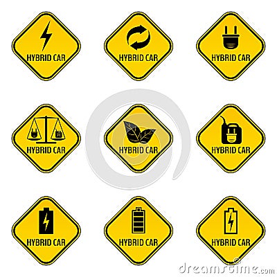 Set of hybrid car caution stickers. Save energy automobile warning signs. Vector Illustration