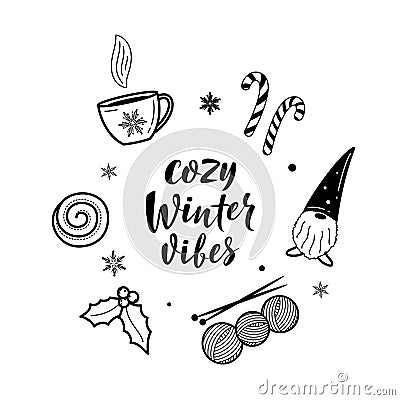 Set of hygge lifestyle cozy elements. Cozy winter vibes Vector Illustration