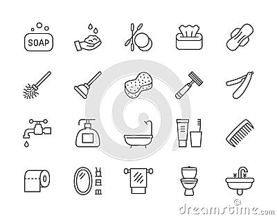 Set of Hygiene Line Icons. Bathtub, Bath Sponge, Tampon, Toilet Plunger and more Vector Illustration