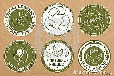 Set of hypoallergenic, recyclable, eco friendly, organic badges, icons, sticker layouts Vector Illustration