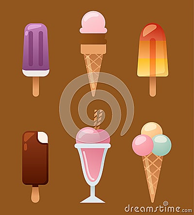 Set ice cartoon colorful cream dessert vector illustration chocolate food sweet cold isolated icon snack cone tasty Vector Illustration