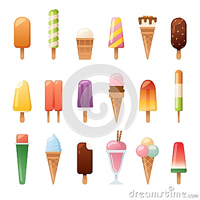 Set of ice cartoon colorful cream desserts vector illustrations. Vector Illustration