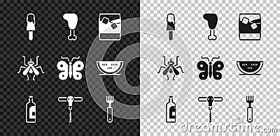 Set Ice cream, Chicken leg, Glass of whiskey with ice, Bottle wine, Wine corkscrew, Fork, Mosquito and Butterfly icon Stock Photo