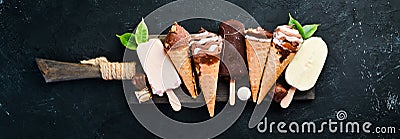 A set of ice cream with chocolate, nuts and jam. Stock Photo