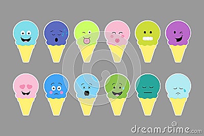 Set of ice cream, with color cream and different emotion face. Cartoon Illustration