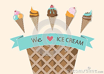 Set of ice cream cones. Design card. Vector illustrations Vector Illustration