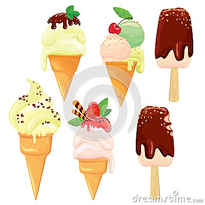 Set of Ice cream cones with glaze, Chocolate, strawberry and ch Vector Illustration