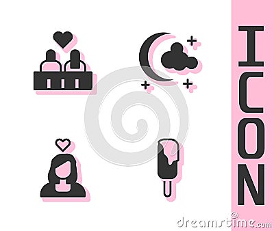 Set Ice cream, Couple in love, and Moon and stars icon. Vector Stock Photo