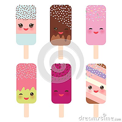 Set ice cream, ice lolly Kawaii with pink cheeks and winking eyes, pastel colors on white background. Vector Vector Illustration
