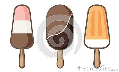 Set of ice cream icons vector doodle illustration. Kids collection of banana, chocolate and strawberry sunblind and Vector Illustration