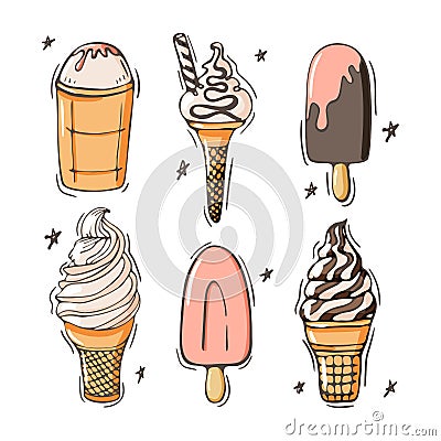 Set of ice cream icons vector doodle illustration. Kids summer collection of sunblind and in cone isolated on white Vector Illustration