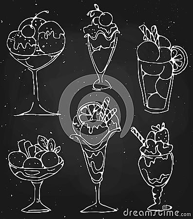 Set Ice cream illustration - sketched dessert on black chalkboard Vector Illustration