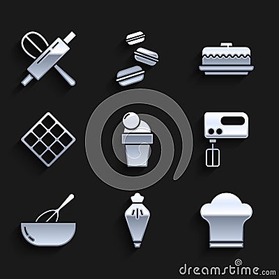 Set Ice cream, Pastry bag, Chef hat, Electric mixer, Kitchen whisk and bowl, Waffle, Cake and rolling pin icon. Vector Vector Illustration