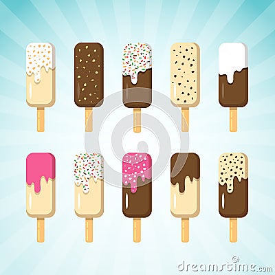 Set of Ice Cream on Stick in Many Flavor Vector Illustration