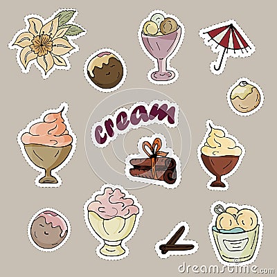 Set of ice-cream stickers in ice-cream bowls Stock Photo