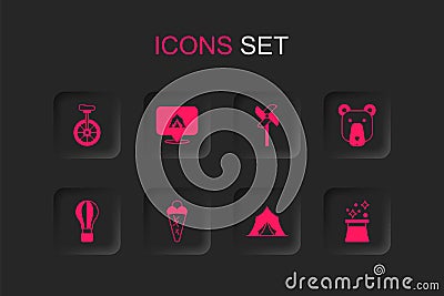 Set Ice cream in waffle, Circus tent, Unicycle, Bear head, Magician hat, Pinwheel toy and Hot air balloon icon. Vector Vector Illustration