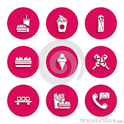 Set Ice cream in waffle cone, Burger and french fries carton package box, Food ordering, Sushi cutting board, Sandwich Vector Illustration