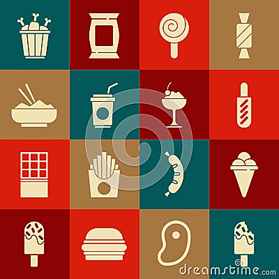 Set Ice cream, in waffle cone, Hotdog sandwich, Lollipop, Paper glass with straw, Rice bowl chopstick, Chicken leg Vector Illustration