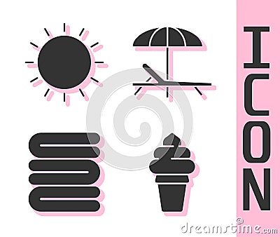 Set Ice cream in waffle cone, Sun, Towel stack and Sunbed and umbrella icon. Vector Vector Illustration