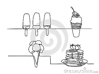 Set ice cream in a waffle cup with cherry. Vector Illustration