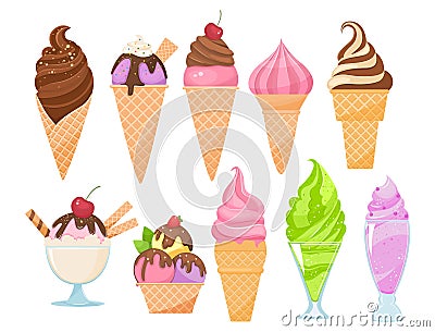 Set of ice cream in waffle and glass cups. Cartoon Illustration
