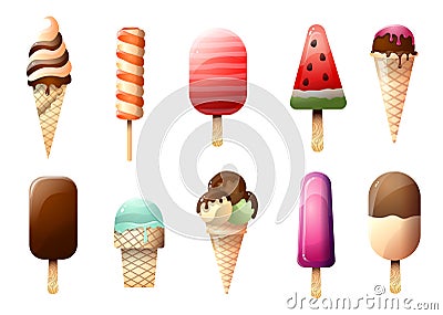 Set of ice creams different in taste and shape isolated on white background Vector Illustration