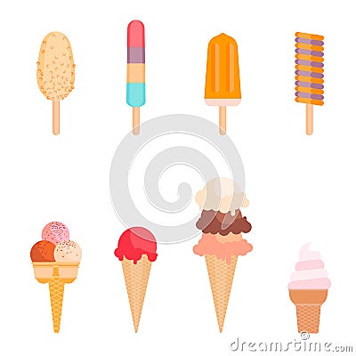 Set of ice creams and popsicles icons. Collection cartoon ice cream food. Vector art illustration isolated on white Vector Illustration