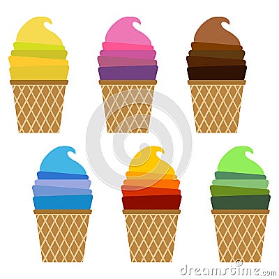 Set of ice creams. Waffle cups with ice creams. Vector Illustration