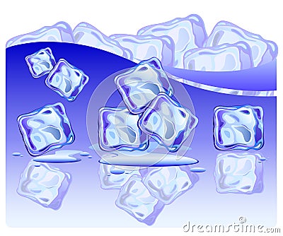Set of ice cubes on glossy surface with water drops Vector Illustration