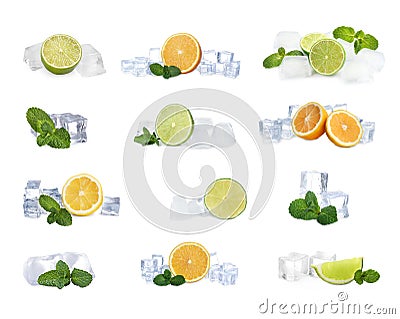 Set of ice cubes, mint and citrus fruits on background Stock Photo