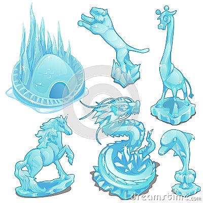 Set of ice figurines of wild and fantastic animals Vector Illustration