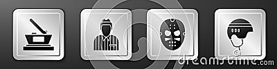 Set Ice hockey cup champion, Hockey judge, referee, arbiter, Hockey mask and Hockey helmet icon. Silver square button Vector Illustration