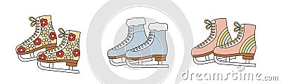 Set of ice skates in retro groovy style. Figure skates collection for Christmas winter design Vector Illustration