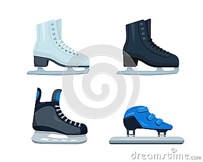 Set of ice skates. White and black Figure Skates, Hockey and Short Track speed skates icons Vector Illustration