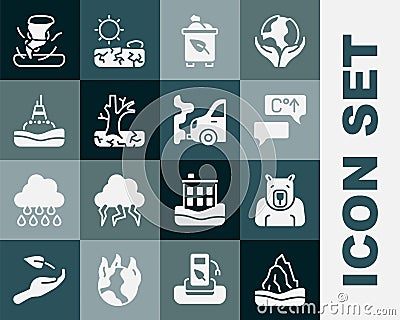 Set Iceberg, Polar bear head, Global warming, Recycle bin with recycle, Withered tree, Floating buoy on sea, Tornado and Vector Illustration