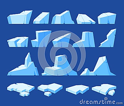 Set of Icebergs, Frozen Ice Floe Blocks, Blue Iced Snowdrift Caps. Ice Lumps or Cubes With Facets, Slippery Surface Vector Illustration