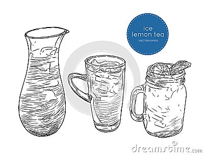 Set of iced lemon mint tea , sketch vector. Vector Illustration