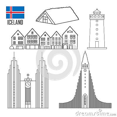 Set with Iceland landmarks in flat style Vector Illustration