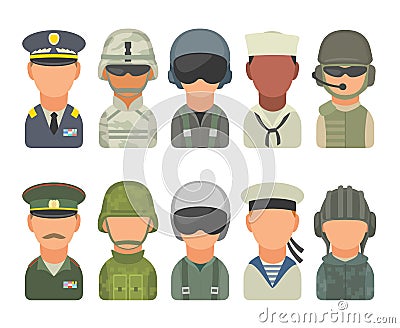 Set icon character military people. Soldier, officer, pilot, marine, sailor, trooper Vector Illustration