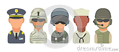 Set icon character military people. Soldier, officer, pilot, marine, sailor, trooper Vector Illustration