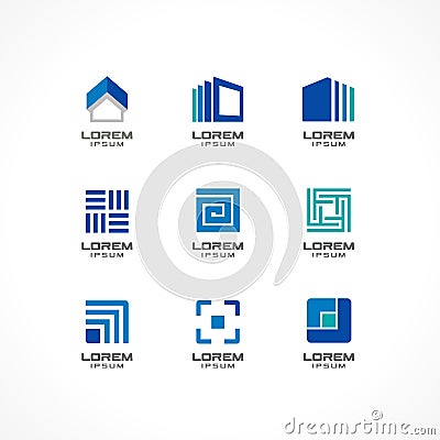 Set of icon design elements. Abstract logo ideas for business company. Building, construction, house, connection Vector Illustration